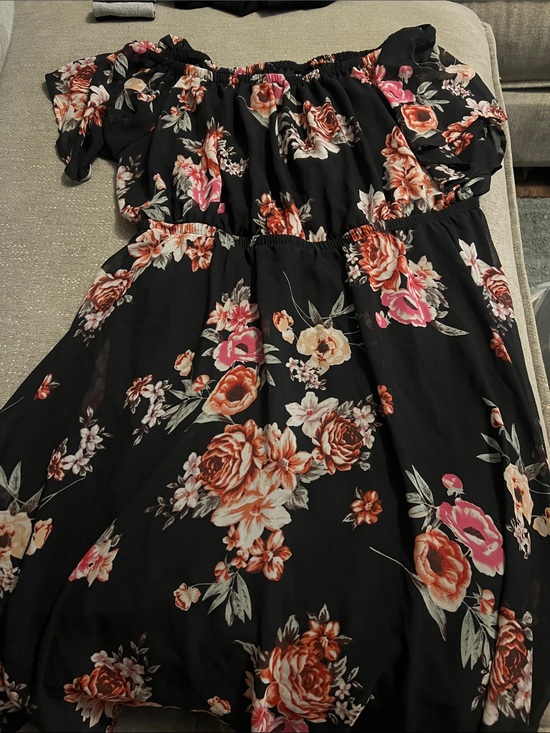 Torrid Curve Dresses & Skirts - Floral Off-Shoulder Black Midi Dress with Pink & Peach Blooms